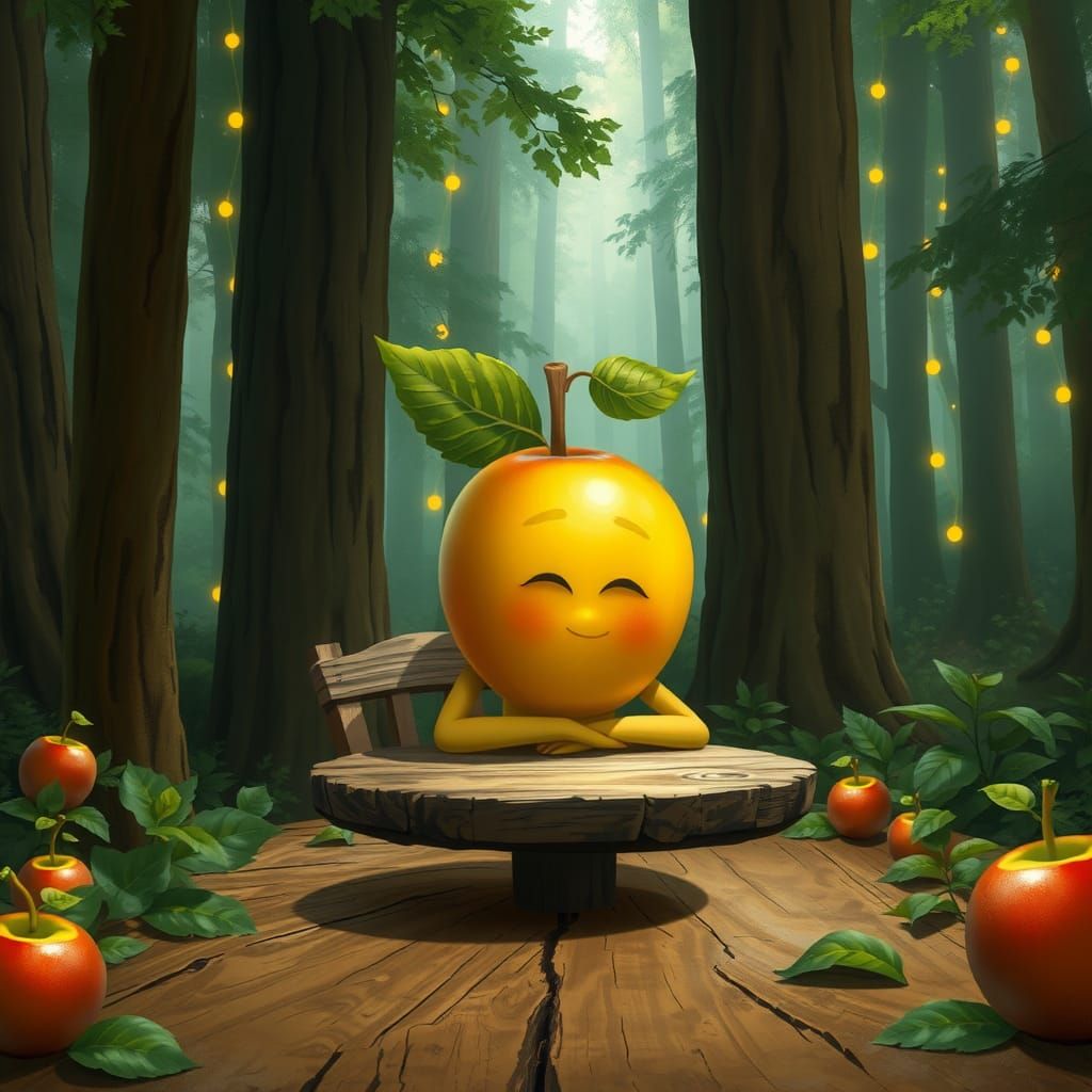 Whimsical Apple Human in Forest, Digital Painting Style