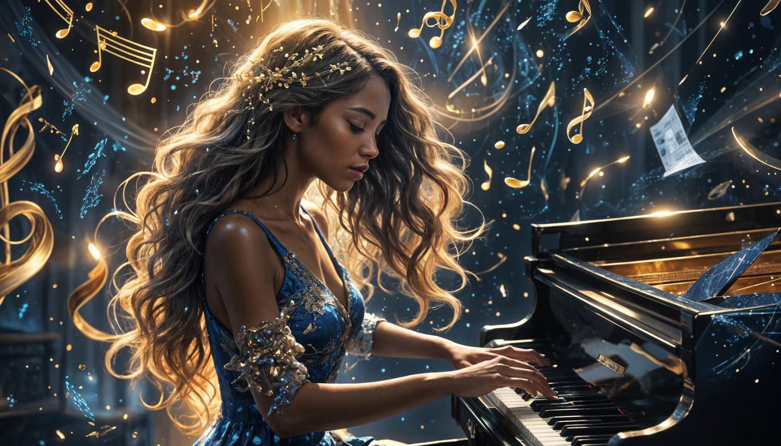 Woman Playing Piano with Magical Music Notes