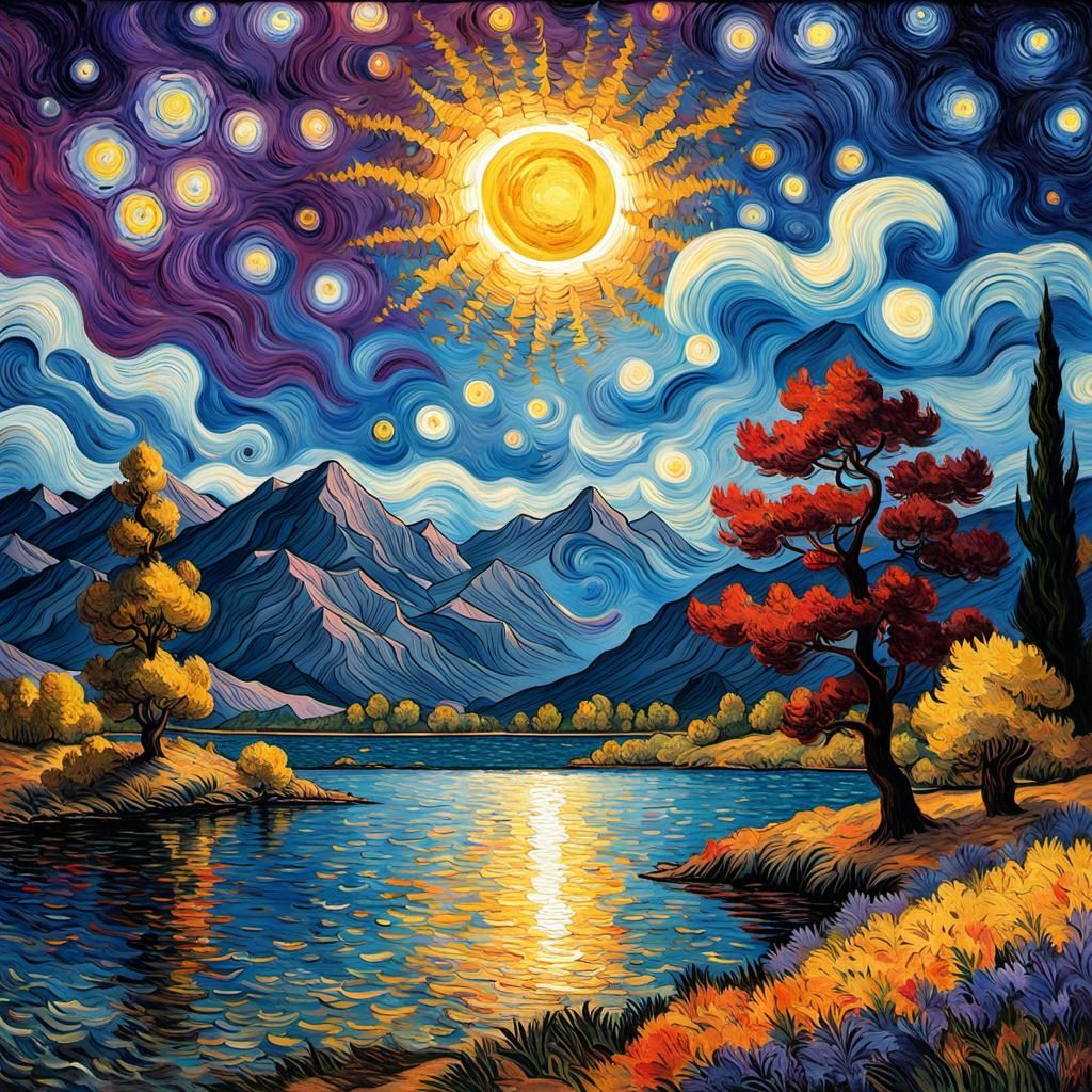 Starry Night Sky with Oak Tree, in Van Gogh Style