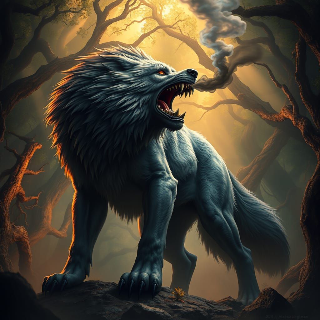 Heroic Wolf Summoning the Elements in Ancient Forest