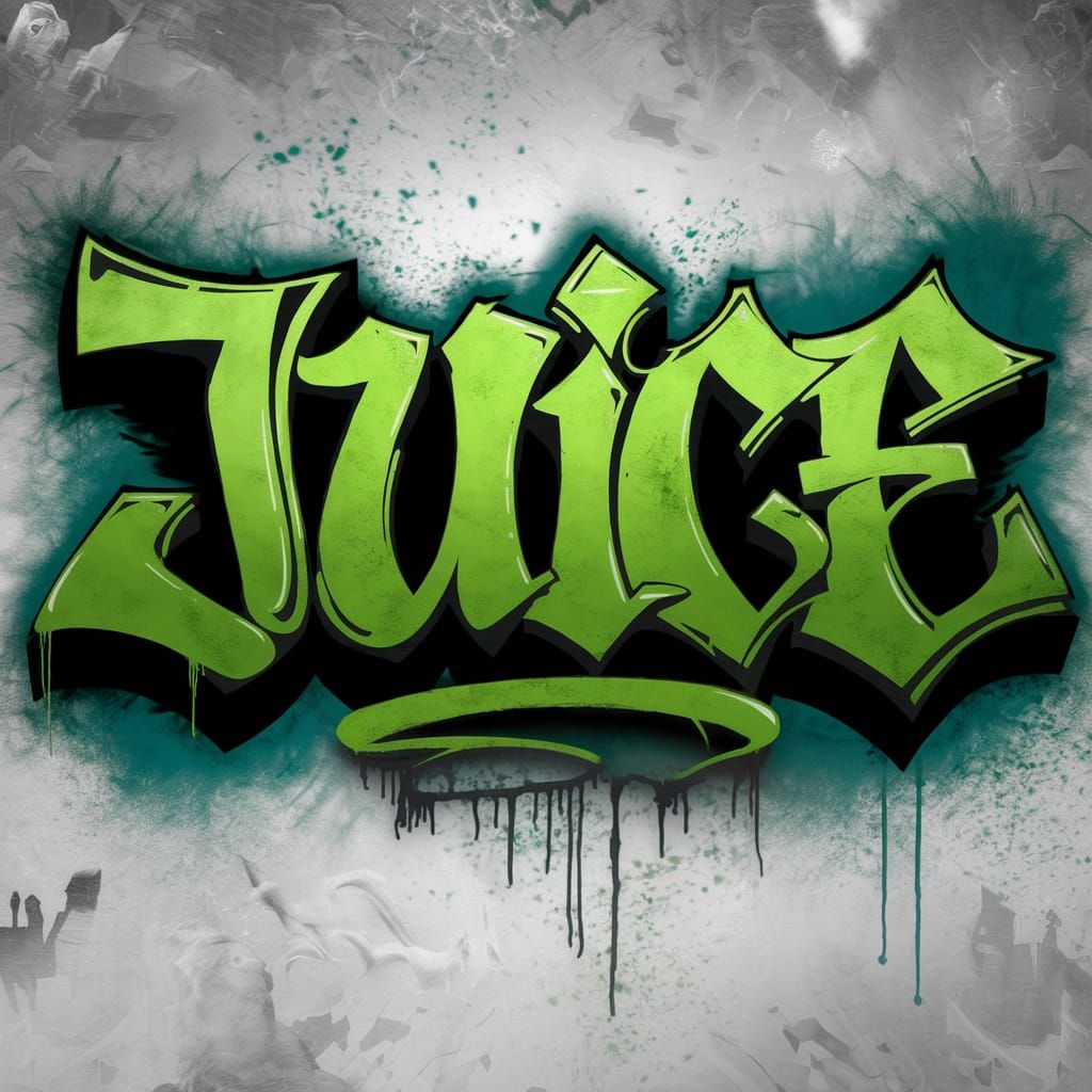 Graffiti art of the word, "JUICE" in lime green