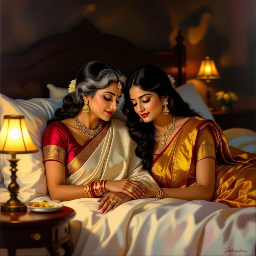 Intimate Night Scene of Two Indian Women in Luxurious Bed