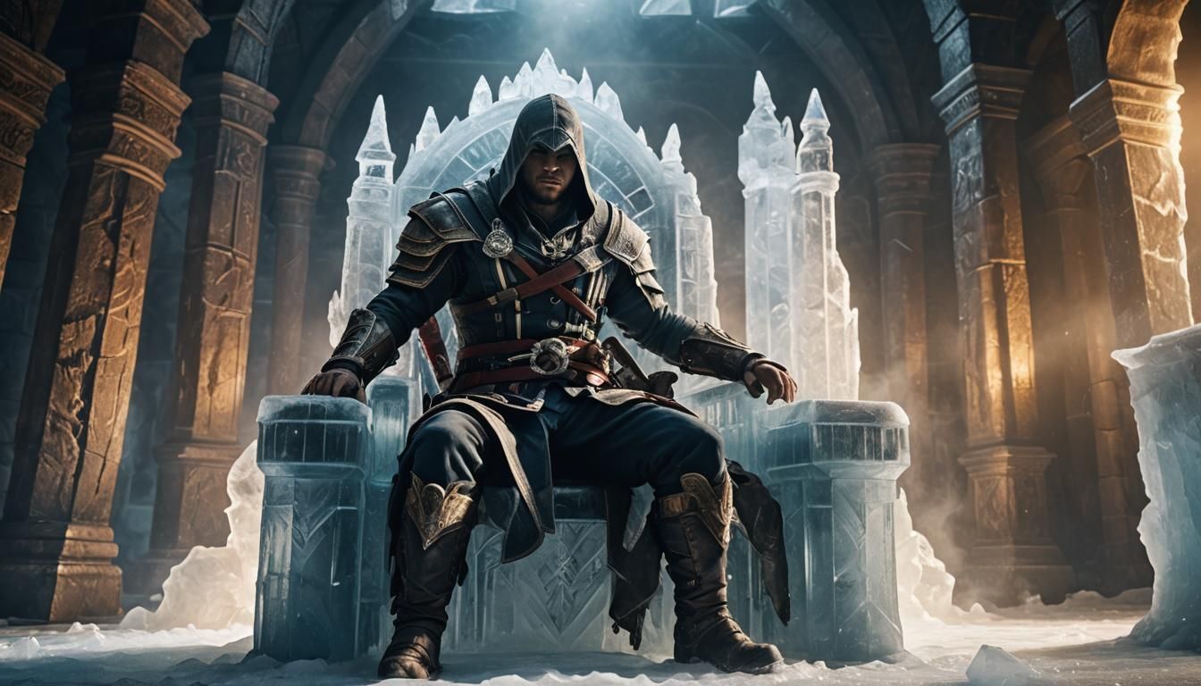 Assassin's Creed Warrior on Ice Throne in Hyperrealism