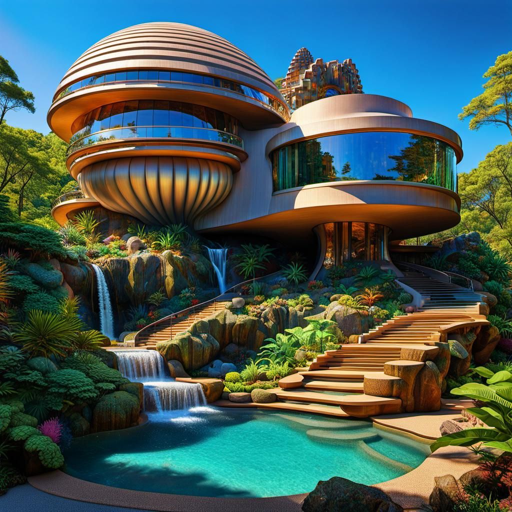 Futuristic Snail House with Opal Rocks in Psychedelic Art