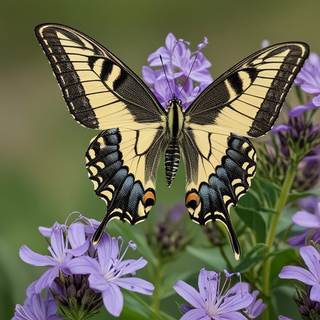 Close-Up Swallowtail Butterfly Feeding on Flowers