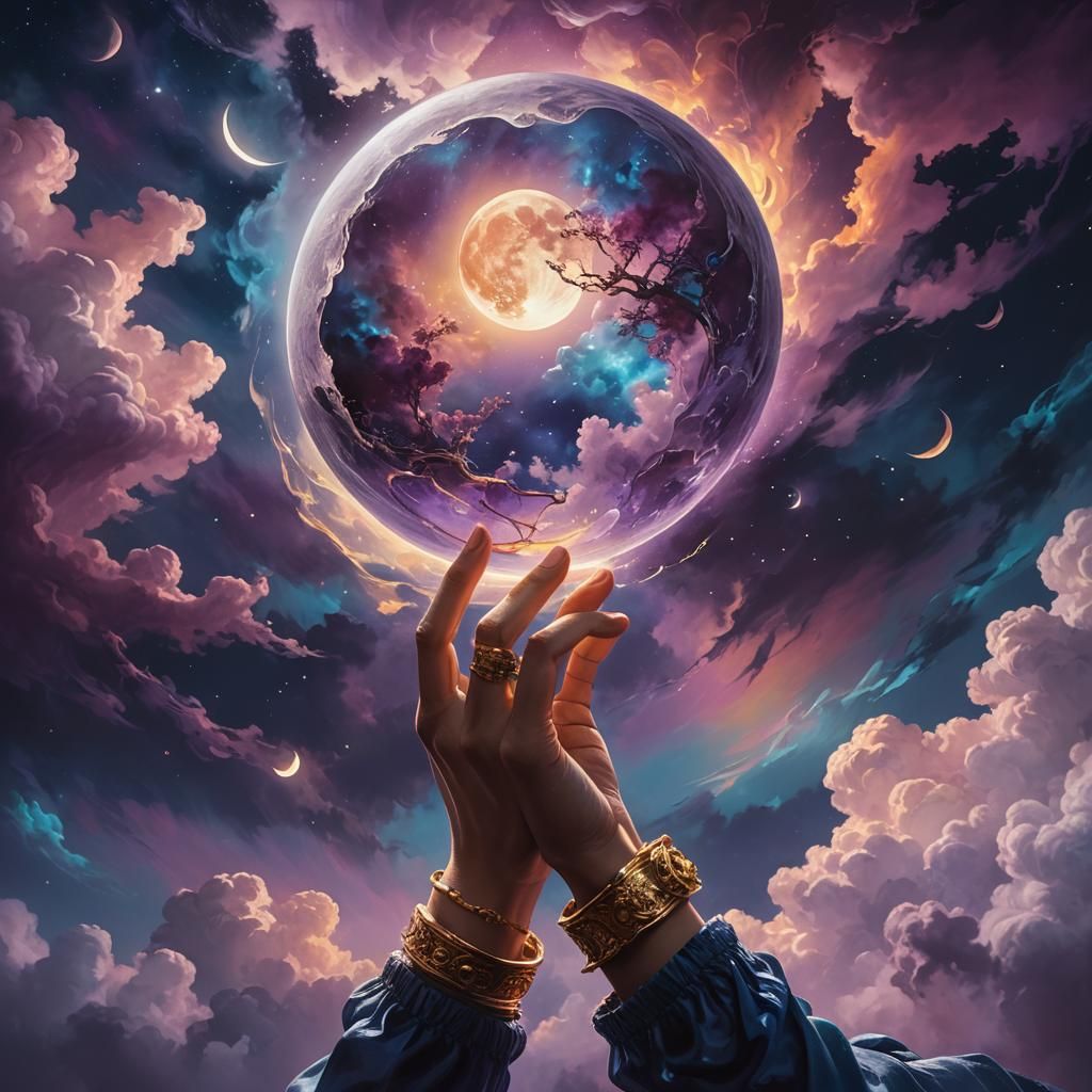 Person Holding Moon: Surreal Oil Painting