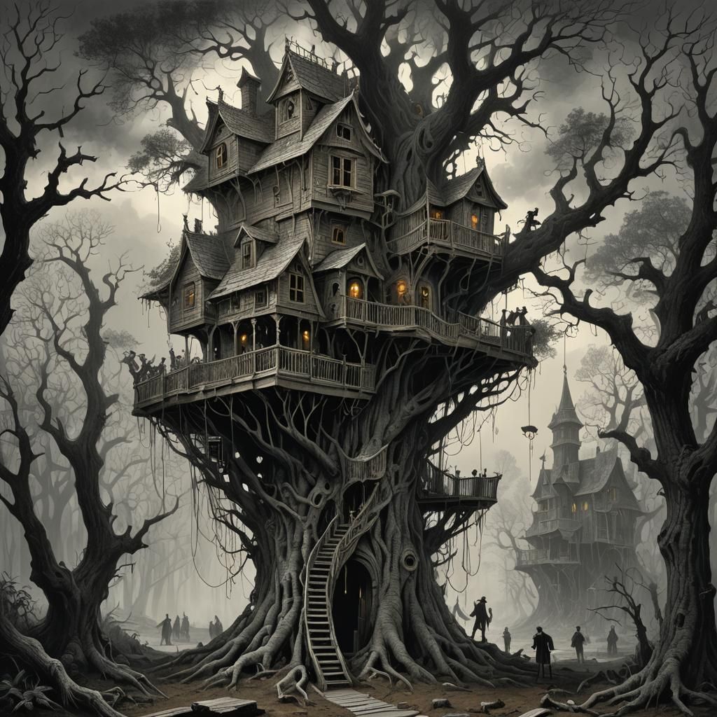 Gothic Horror Treehouse in Gustave Doré Style