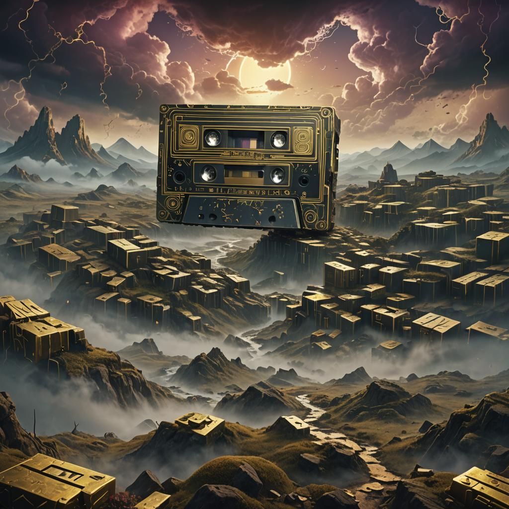 Giant Cassette Tapes in Mystical Landscape