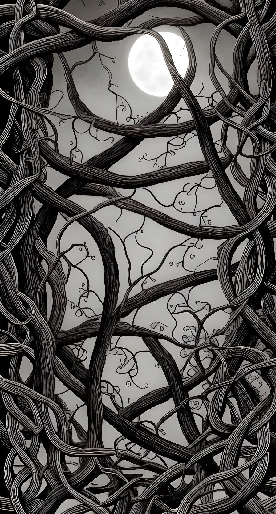 Thorny Vines at Night, Surreal Illustration