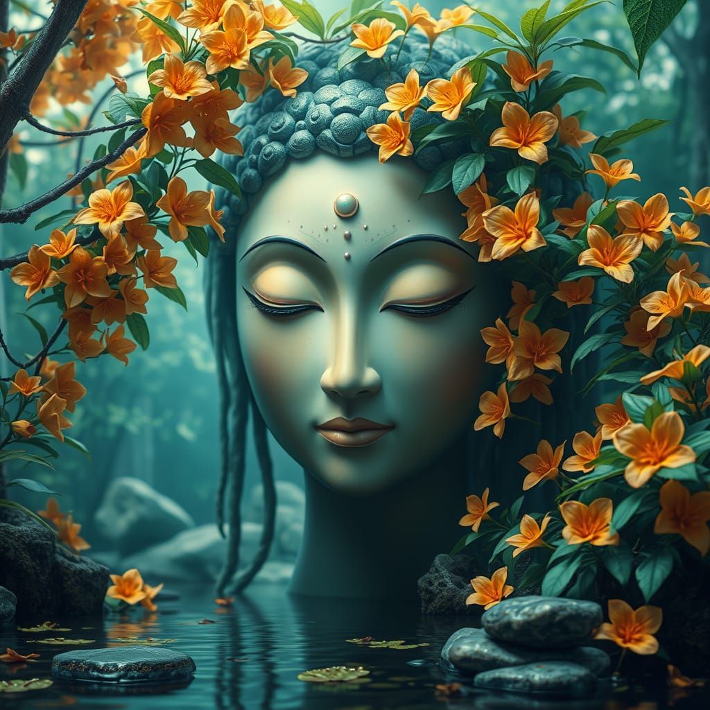 Serene AI Face Surrounded by Jungle Art
