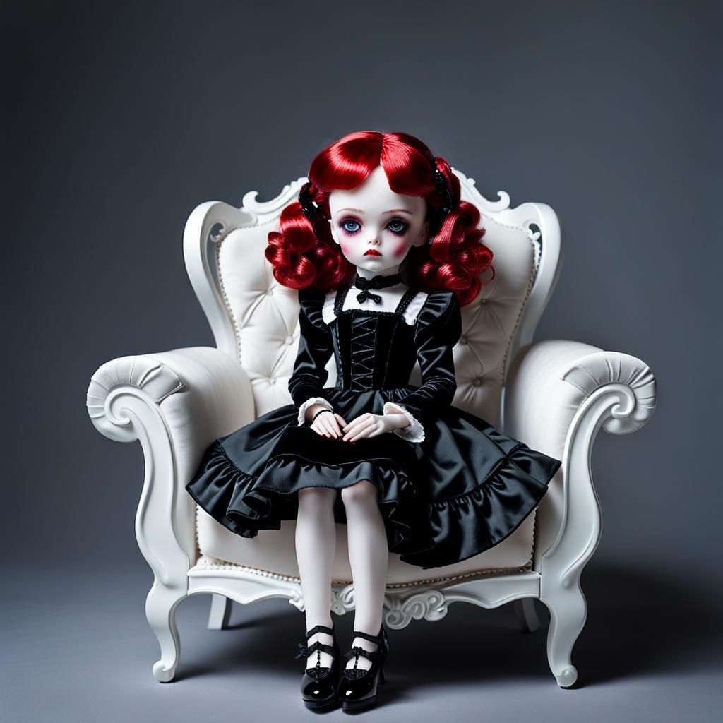 Gothic Porcelain Doll in Velvet Armchair