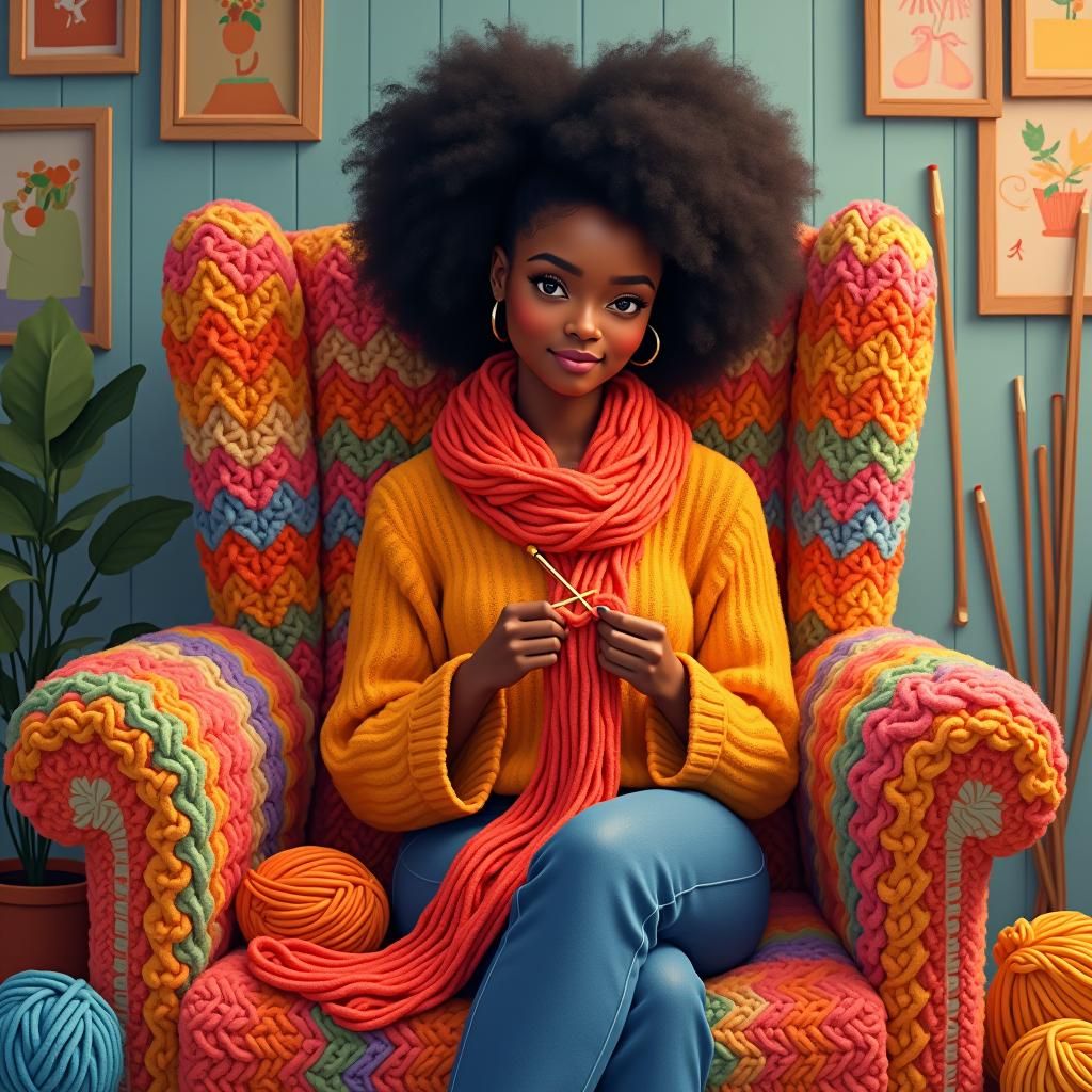 Black Woman Knitting Scarf in Whimsical Digital Art Style