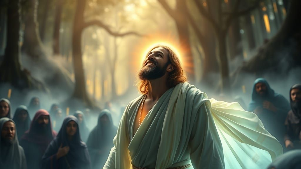 Neon Jesus Among Ancient Israelites in Ethereal Forest