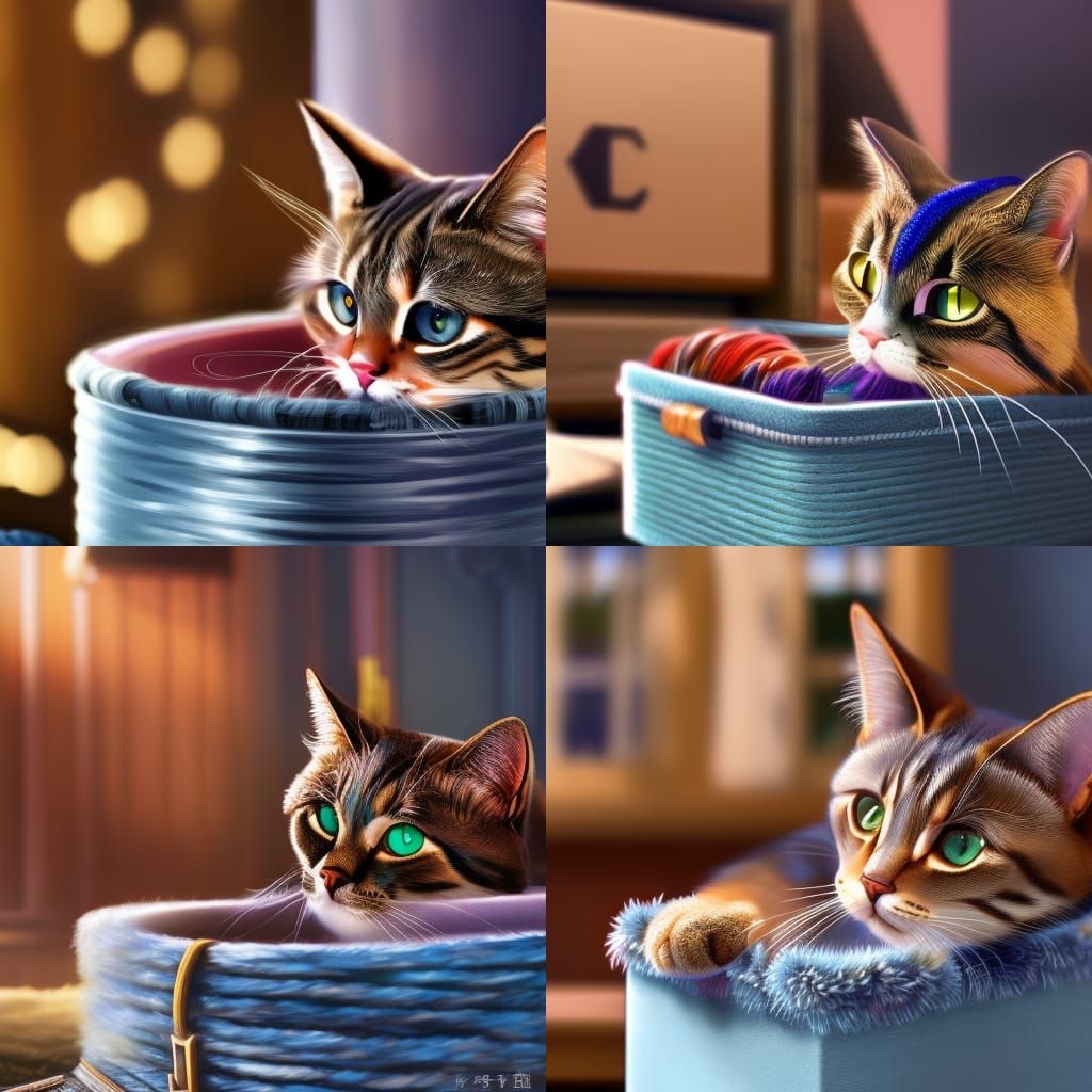 Cat in Yarn Box: Detailed Digital Painting