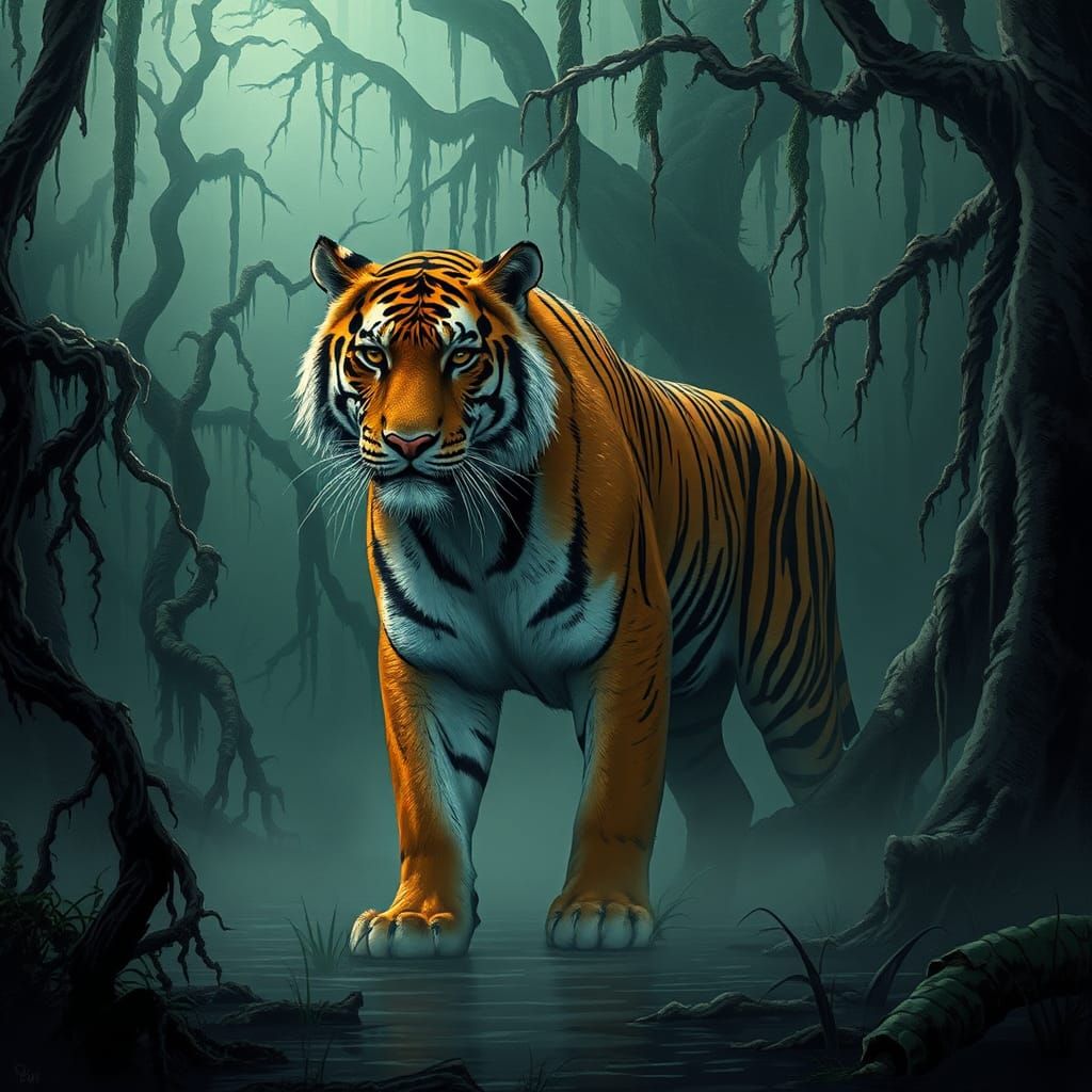 Tiger Emerges from Primeval Swamp in Graphic Novel Style