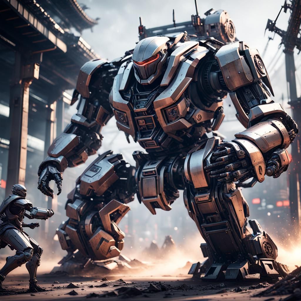 Ninja Versus Giant Robot in Futuristic Sci-Fi Scene