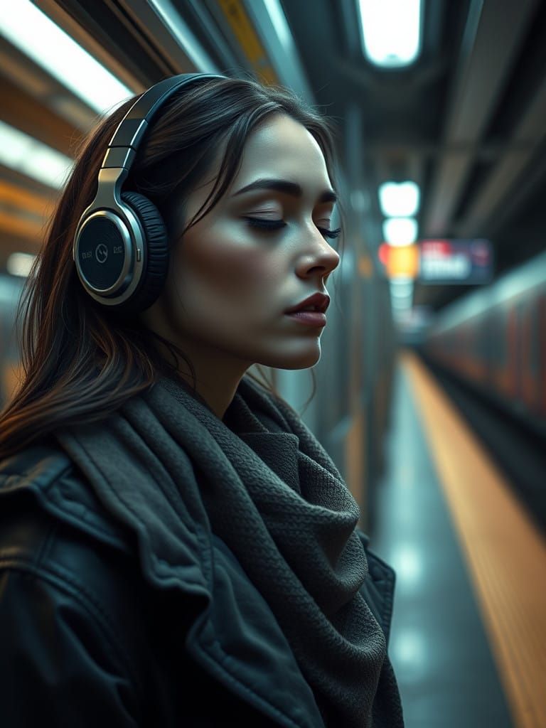 Serene Woman Lost in Thought on Subway Platform