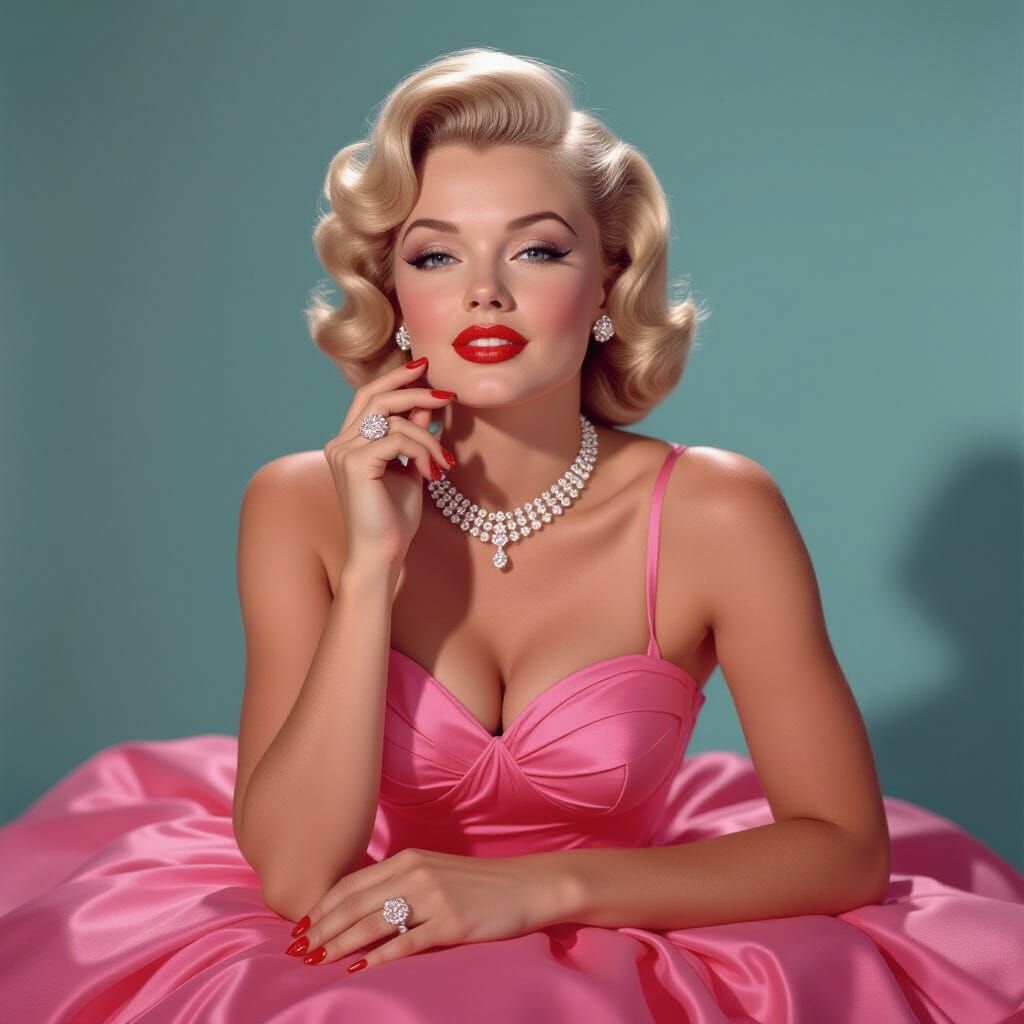 Vintage 1950's Pin-Up Girl in Pink Dress