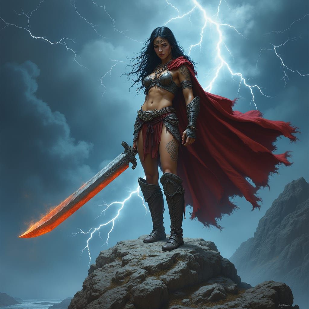 Epic Fantasy Warrior on Stormy Mountain Peak in Dark, Realis...