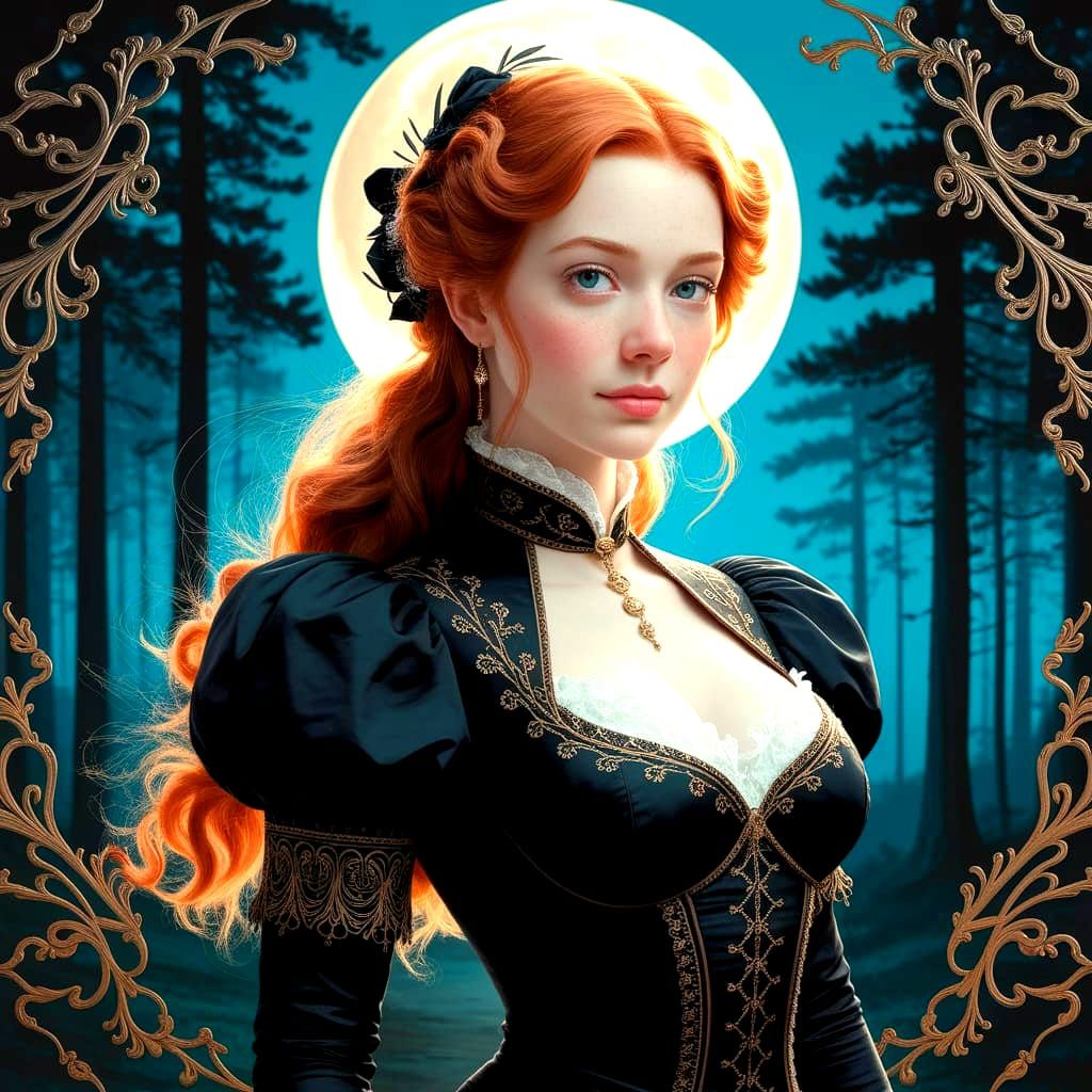Redhead in Victorian Dress in Moonlit Forest