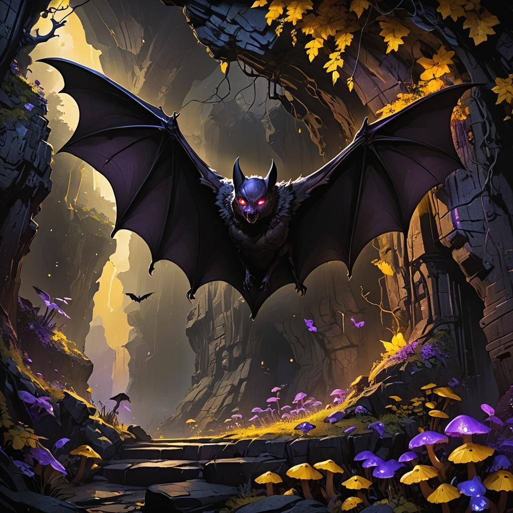 Giant Bat Perched Atop Spooky Cave Entrance