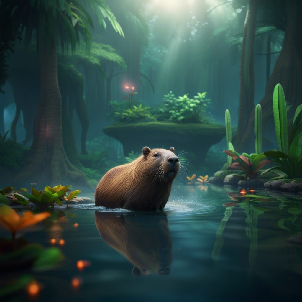 Capybara in Jungle Pond: Detailed Fantasy Art