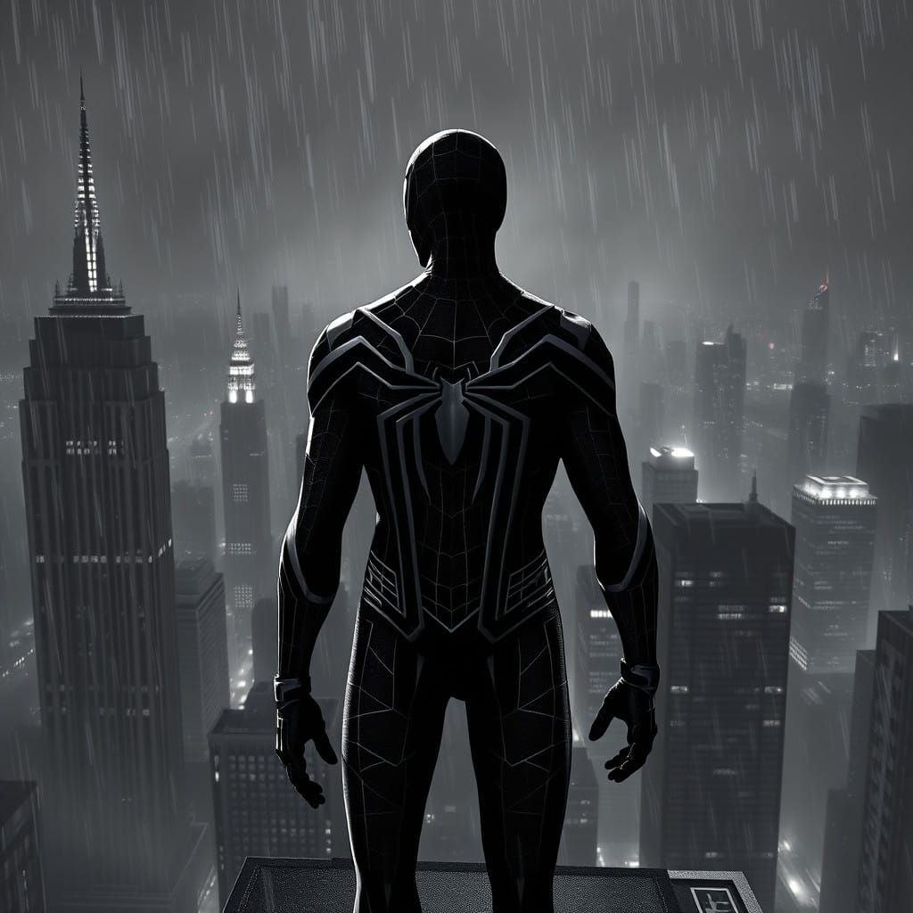 Film Noir Spider-Man Dominates Rainy Cityscape in Stark Blac...