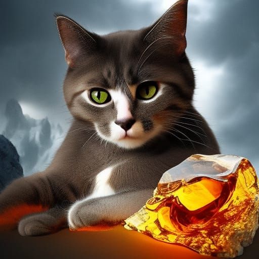 Amber Cat Sculpture: Digital Matte Painting