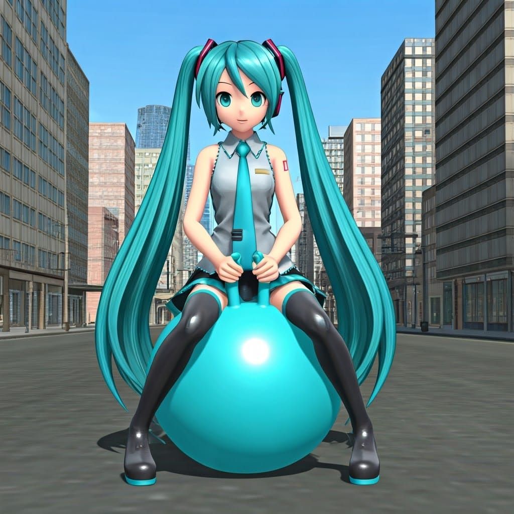 Hatsune Miku in Vibrant Cityscape with Hopper Ball