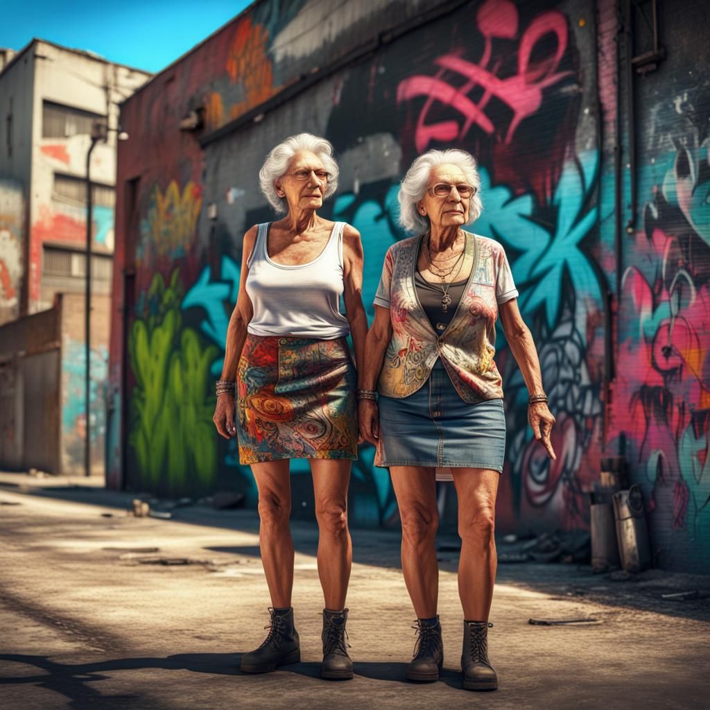 Two Ladies Admire Graffiti Art in Los Angeles