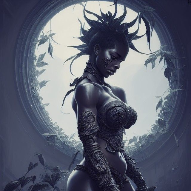Strong Ebony Woman in Flower Armor, Digital Art