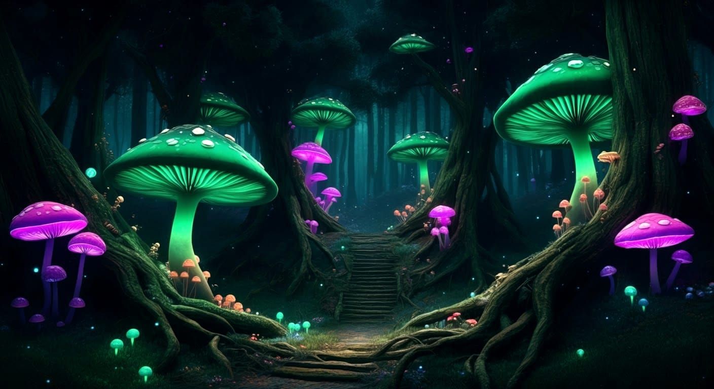 Luminous Mushrooms in Enchanted Anime Forest