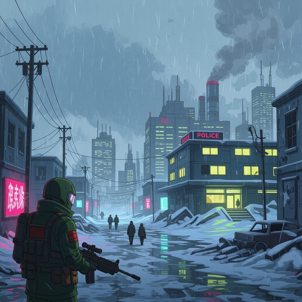 Postapocalyptic Nordic City Ruins Guarded by Sci-Fi Sentinel