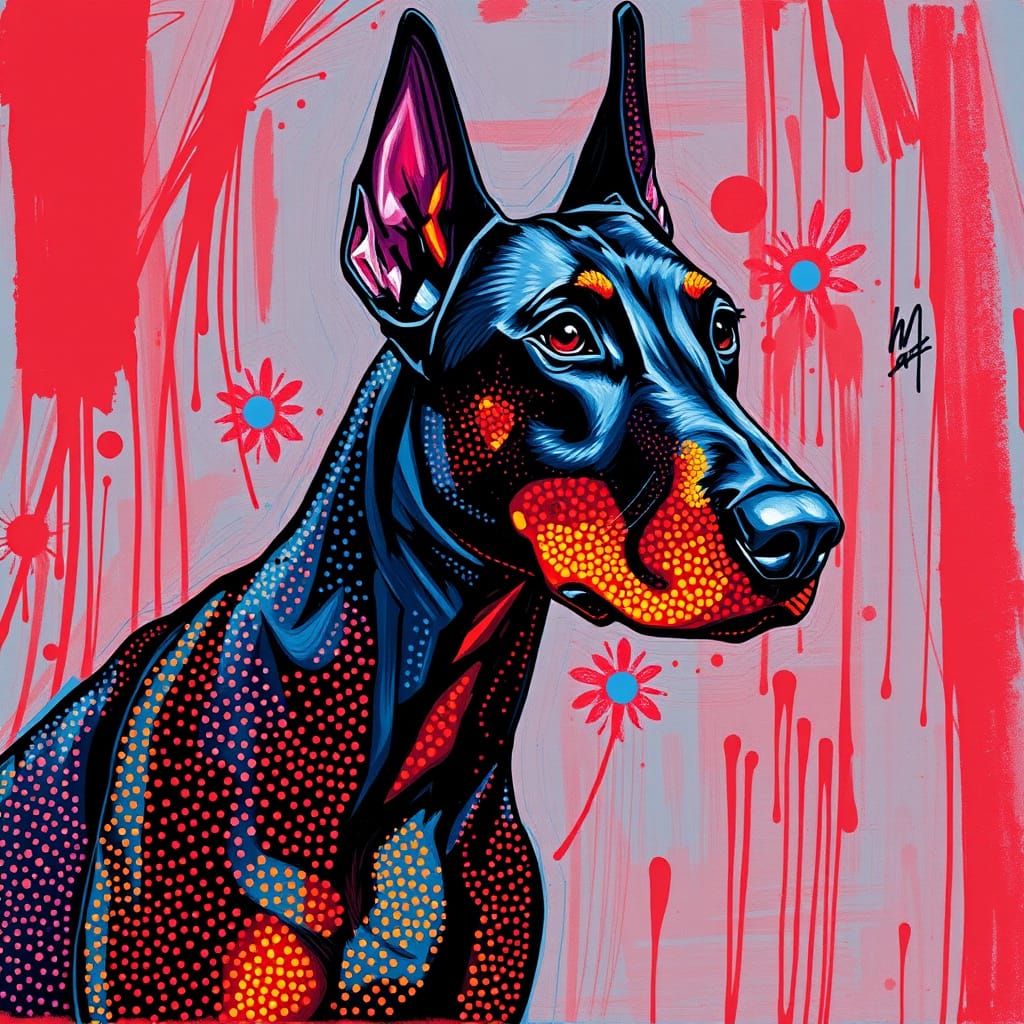 Vibrant Doberman in Pointillism Style