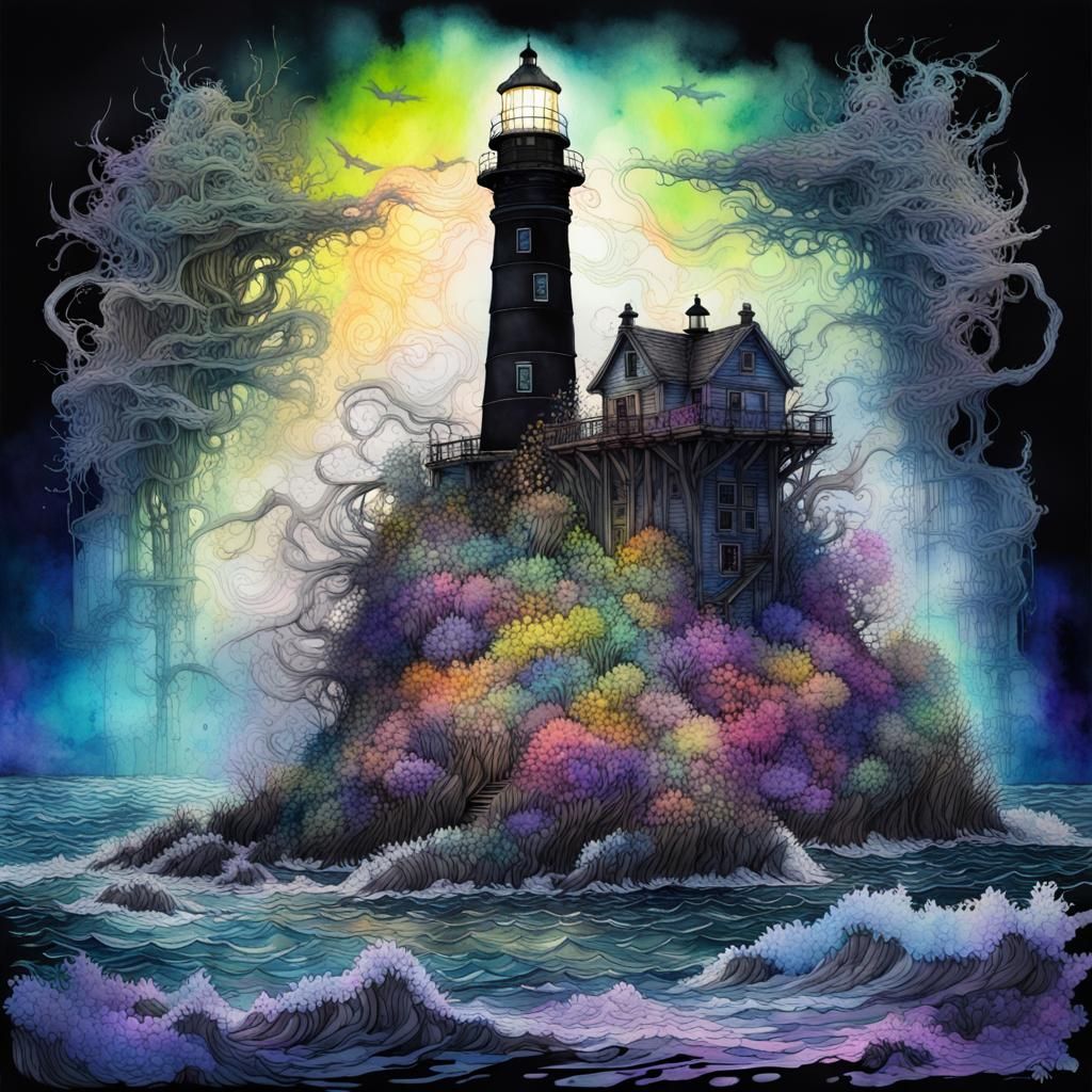 Black Light Seascape Lighthouse in Watercolor Style