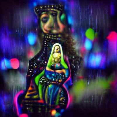 Glowing Madonna in Rainy Bokeh Surrealism