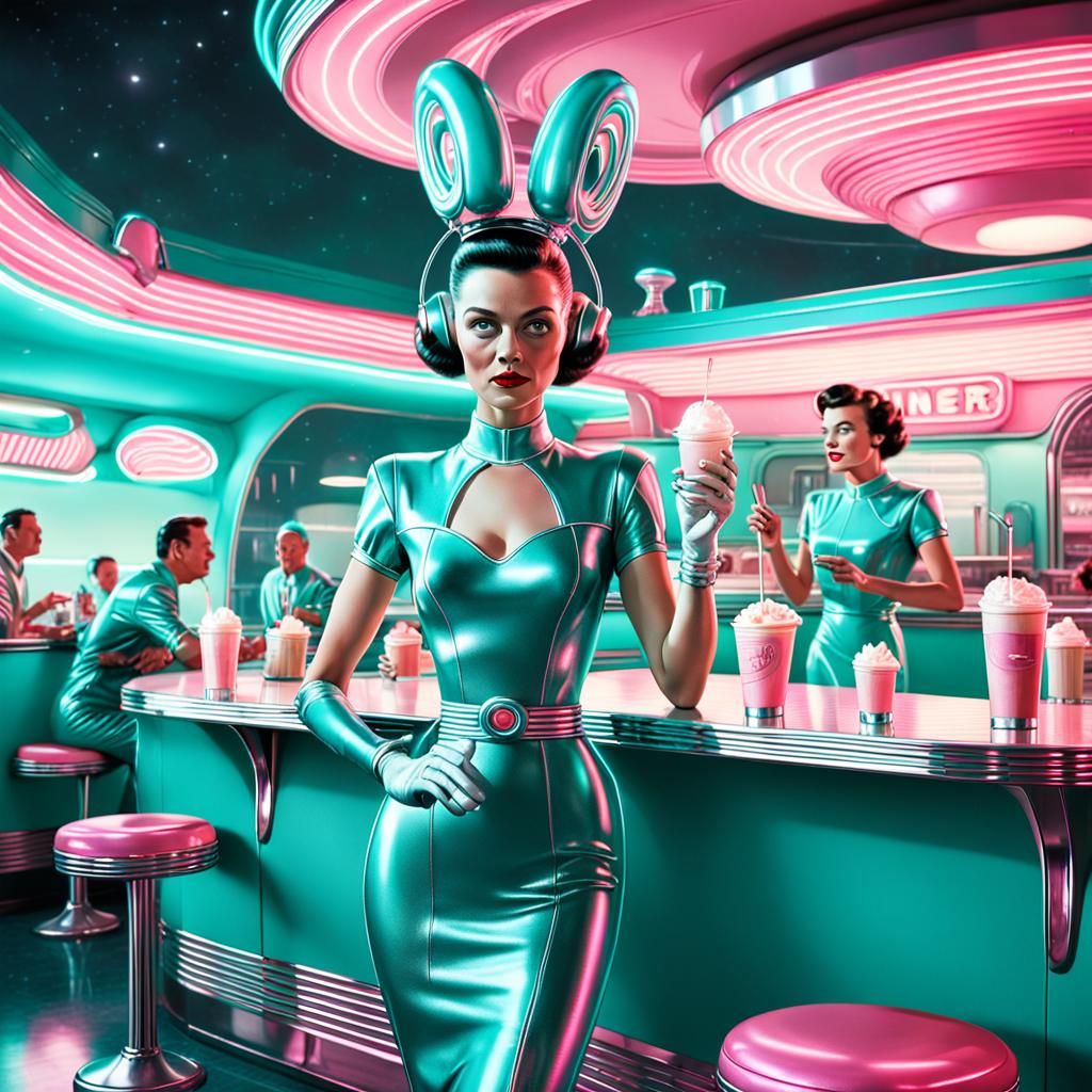 Retro-Futuristic 1950s Diner in Space Illustration