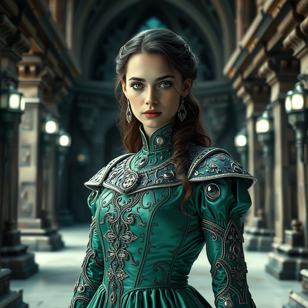 Medieval Emerald Gown in Quantum Castle: Monochrome Photogra...
