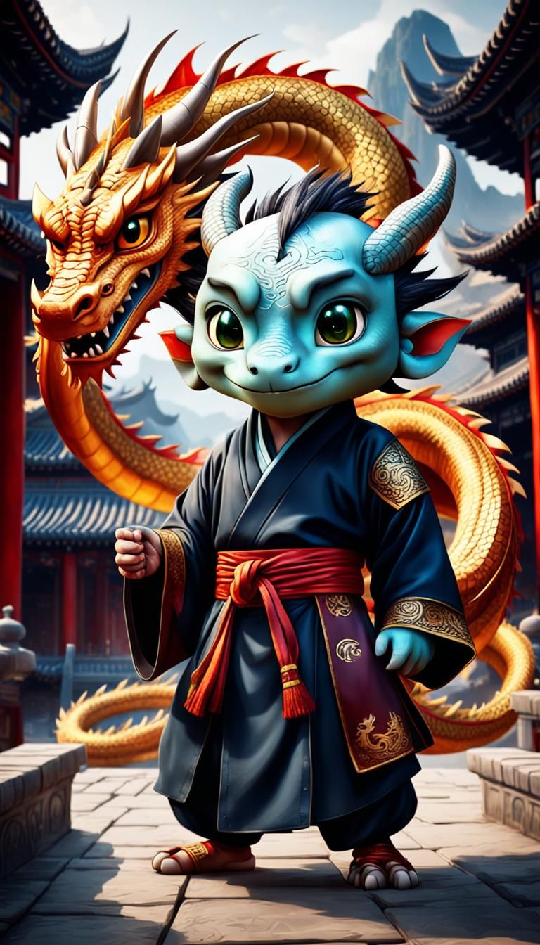 Chibi Dragon Monk in Epic Chinese Poster Art