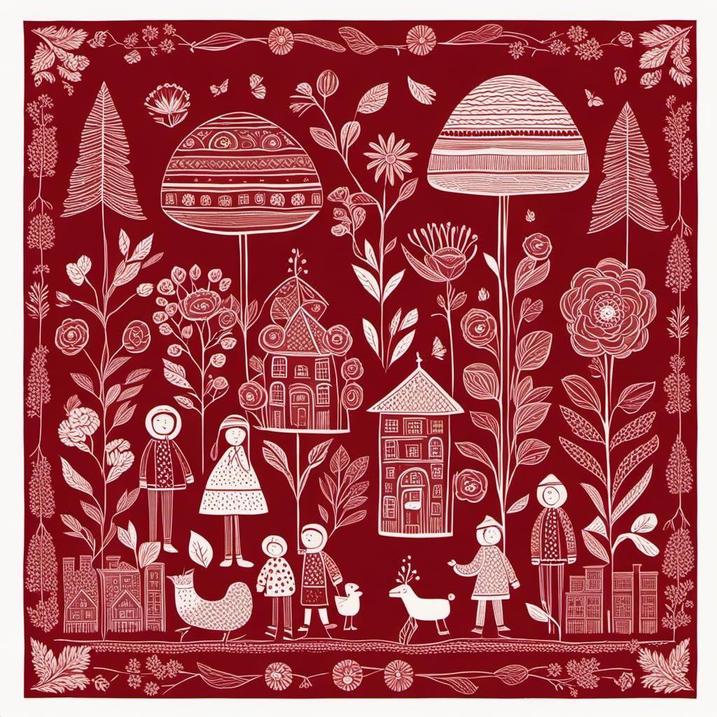 Whimsical Folk Art Illustration on Dark Red Background