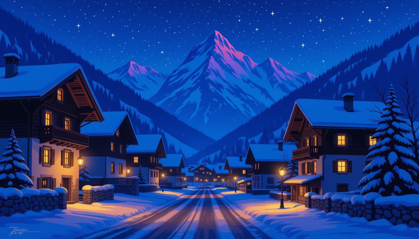 Cozy Swiss Alps Village at Night