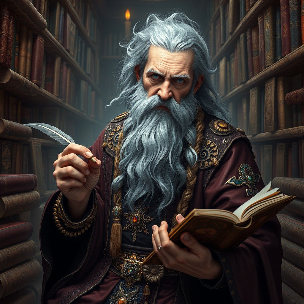 Mystical Sage in Ancient Library: Fantasy Concept Art