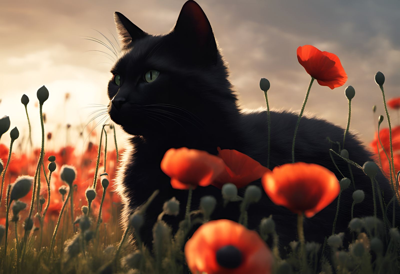 Black Cat: black cat, field poppies as silhouette art, ultra...