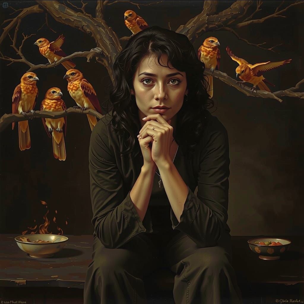 Melancholic Woman with Golden Spirit Birds in Art Nouveau St...