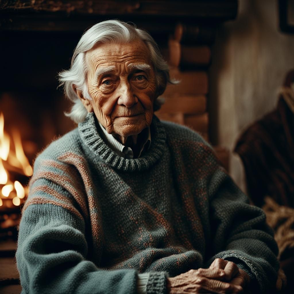Wise Nordic Elder by Firelight in Folk Art Style
