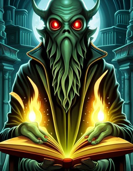 Cthulhu Cat in Post-Apocalyptic Library, Giger Illustration