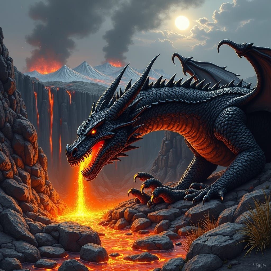 Black Dragon Portrait in Volcanic Landscape