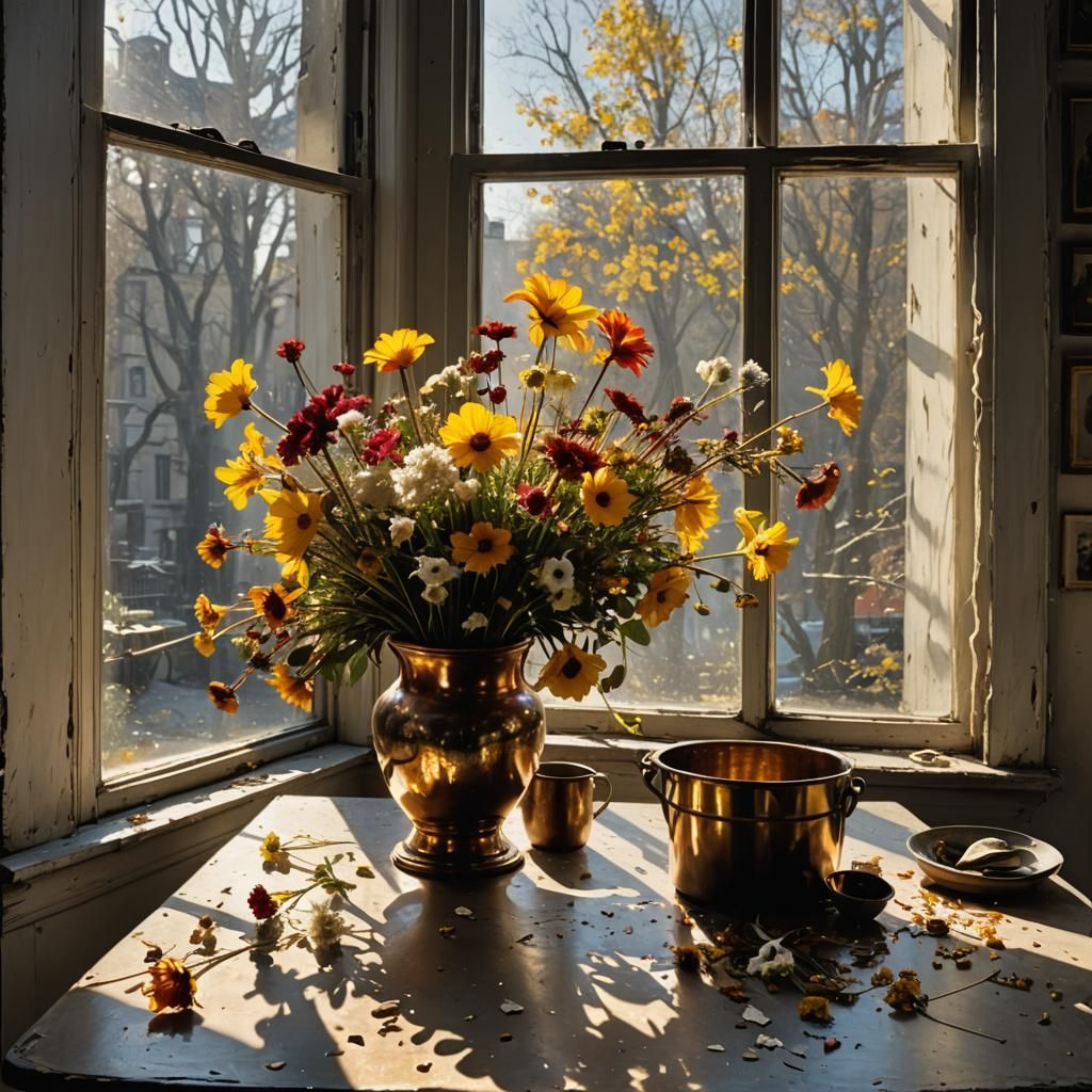 Flowers in Copper Bucket with God Rays, Abstract