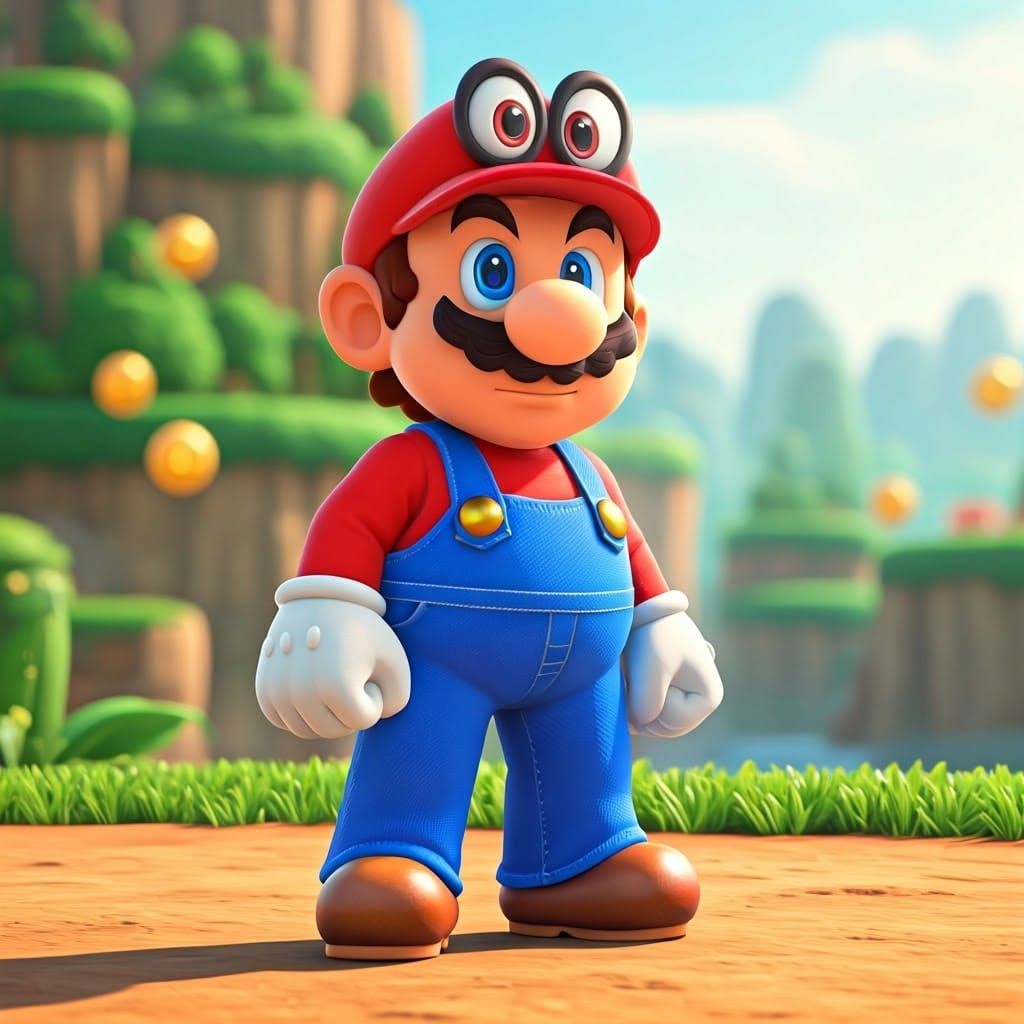 Mario Odyssey Heroic Stance in Sun-Drenched Landscape