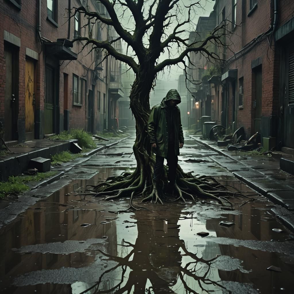Dystopian Surrealism: Figure in Ominous Alleyway